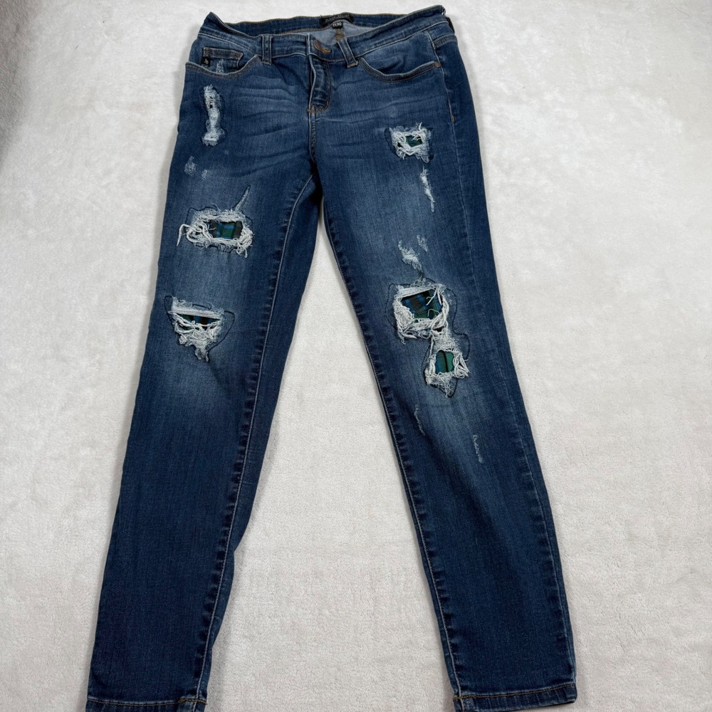 Judy Blue Skinny Fit Distressed Plaid Patch Jeans Dark Wash JB82140DK Size 11/30